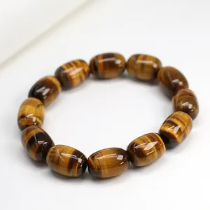 Natural Tiger Eye Stone Bracelet Yellow Brown Barrel Beads Chatoyancy Effect Hand Polished Stone Bracelet For Men Women Gift
