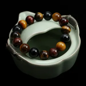 Bracciale in pietra occhio di tigre naturale tricolore con perle gialle rosse e blu