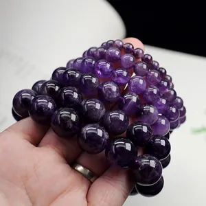 Natural dreamy purple amethyst crystal beaded bracelets with smooth polished round stones
