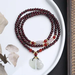 Natürliches Granat Perlen Armband Mehrschichtig Jadeit Klasse A Flaschenkürbis Apfel Pixiu Buddha Anhänger Chinesischer Schmuck