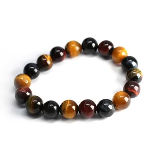 Bracciale in perle di occhio di tigre naturale lucido con gemme gialle, rosse e blu