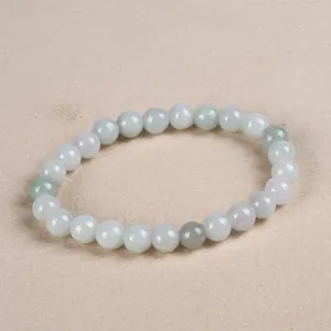 Detail of 22 natural light green jade beads with polished translucent finish and texture