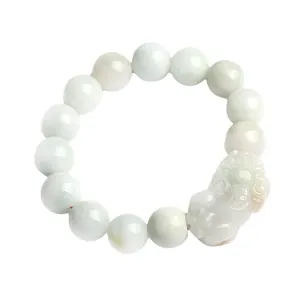 Handcrafted natural jade Pi Xiu bracelet featuring light green translucent round beads