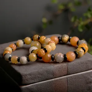 Natural Gobi Jade lotus bead bracelet with amber and ginger hand-carved gemstones