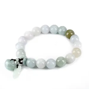 Natural jade beads bracelet with bell and leaf pendants in elegant green and white tones