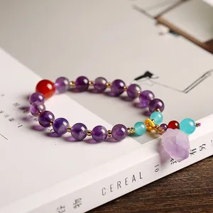 Natuurlijke lavendel amethist en agaat kralenarmband met onregelmatige ruwe kristallen hanger