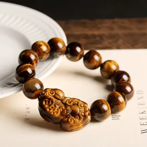 Pulsera de Pixiu de Piedra de Ojo de Tigre Amarilla Natural Cuentas de Piedra de Curación Talladas a Mano Joyería Unisex