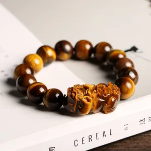 Pulsera PiXiu de piedra ojo de tigre natural con cuentas de 14mm para hombres