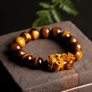 Pulsera de ojo de tigre amarillo natural con amuleto PiXiu y cuentas de 14mm para hombre