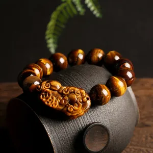 Pulsera Pi Xiu de ojo de tigre natural con cuentas de 14mm y reflejos dorados para hombre