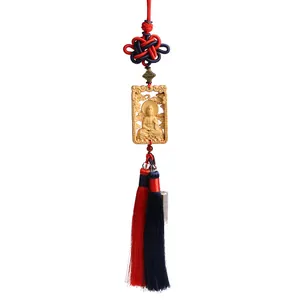 Chinese knot car ornament with boxwood Guan Yin wood carving and blue red tassels