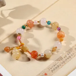 Retro multi-color pumpkin jade beads bracelet with yellow gourd pendant and gold spacers