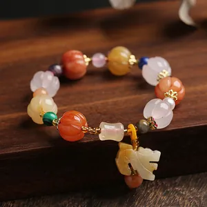 Bracelet en Jade de Soie Dorée Naturelle avec Perles Citrouilles pour Femme Avec Pendentif Pixiu Gourde Améthyste Malachite Lapis-lazuli Bijoux Style Ethnique