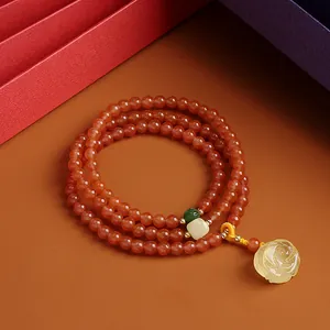 Natural Nanhong Agate Beaded Bracelet 14K Gold Filled Beeswax Rose Pendant Vintage Chinese Style Wrap Bracelet For Women
