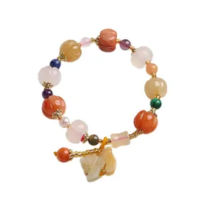 Bracelet de perles citrouille en jade Jinsi naturel avec perles dorées et pendentif