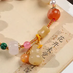 Ethnic style pumpkin bead bracelet with jade gourd pendant and colorful gemstone beads