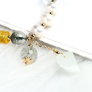 Natural green phantom crystal bracelet with pearls and jade leaf charm for women
