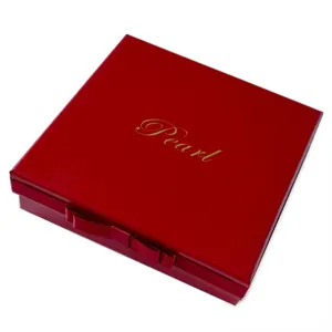 Caja de Regalo para Joyas Cuadrada Roja Texto Pearl Dorado Lazo para Collar Pulsera Pendiente Estuche de Almacenamiento de Joyas