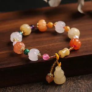 Chinese Ethnic Vintage Golden Silk Jade Beaded Bracelet For Women Men Multi-color Pumpkin Gourd Pixiu Pendant Natural Stone Lucky Jewelry Gift