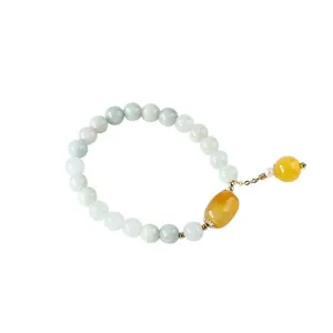Natural jade beaded bracelet with agate tassel and 14K gold plated accents for women