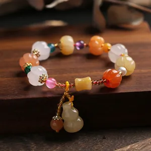 Ethnic pumpkin bead bracelet with gold silk jade and gourd pendant for women and men