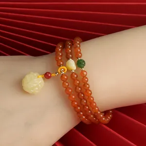 Three-layer cherry red agate bracelet with 14K gold-filled amber rose flower charm