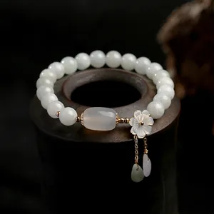 Natural A-Grade Jadeite Bracelet 14K Gold Filled Shell Flower Apple Agate Waterdrop Beads Women Ethnic Vintage Jewelry