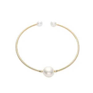 Minimalist 14K gold filled open bracelet with natural freshwater pearls for women