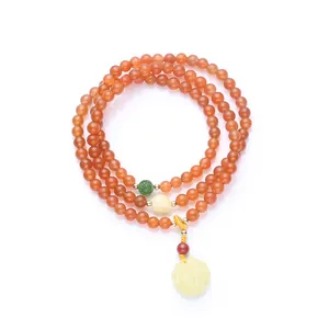 Natural cherry red agate bead bracelet with 14K gold-filled amber rose flower charm