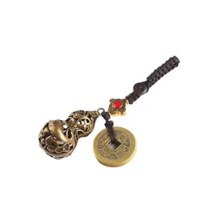 Brass hollow gourd keychain with koi fish pattern and antique Chinese coins ornament