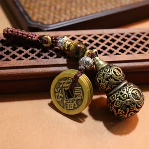 Brass Feng Shui keychain with tiger eye stone and Shunzhi copper coins for good fortune