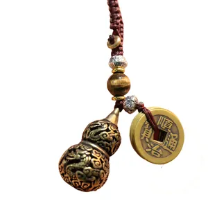Brass hollow dragon gourd keychain with tiger eye stone and ancient copper coin