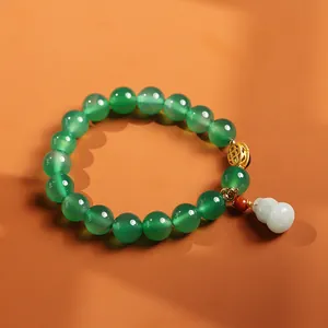 Green agate beaded bracelet with gold flower spacer and jade gourd pendant for women