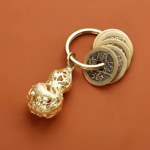Porte-clés en Laiton Cinq Pièces de l'Empereur Chinois Calebasse Pendentif Vintage Ethnique Fortune Wu Lou Feng Shui Porte-bonheur