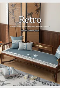 Close-up of blue ice silk cooling sofa cushion with traditional Chinese landscape patterns