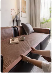 Detailed texture of cool PE ice rattan sofa mat with wide edges on leather sofa
