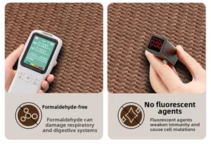 Close-up of brown woven cooling sofa mat showing formaldehyde-free and non-fluorescent safety