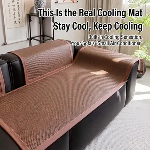 Cooling ice rattan sofa mat in brown woven texture for summer heat relief and anti-slip use