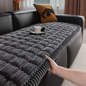 Thickened Flannel Sofa Cushion Anti-Slip Striped Checkerboard Sofa Cover Warm Seat Pad For Living Room Leather Sofa Protector