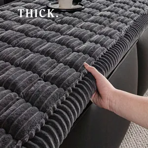 Deep gray striped flannel sofa cover featuring a thick padded design for winter warmth