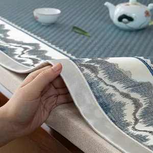 Classical Chinese ice silk sofa mat with wide embroidered edges and mountain landscape pattern