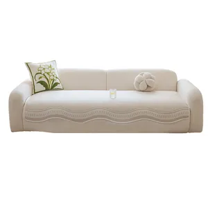 Cooling ice silk sofa cover with herringbone pattern and elegant wavy edges in cream white