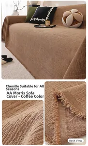 Detail of coffee chenille sofa cover with vintage Morris pattern and decorative fringe