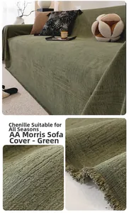 Detailed view of green chenille sofa cover showing 3D texture and elegant tassel edges