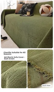Detailed weave and fringe of a dark green chenille sofa cover with anti-slip backing