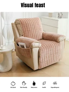 Detail of plush quilted recliner cover in dusty pink with convenient side pocket