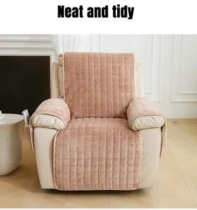 Quilted plush recliner cover in dusty pink with convenient side storage pocket