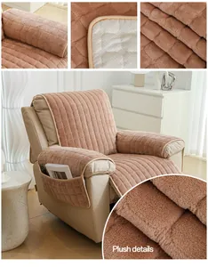 Close-up of plush velvet sofa cover with square quilting and side storage pockets