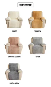 Detail view of plush recliner covers with side pockets in five assorted solid colors