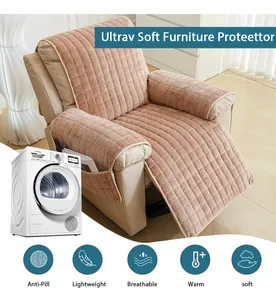 Detail of plush quilted sofa cover for recliner chair with side storage pockets